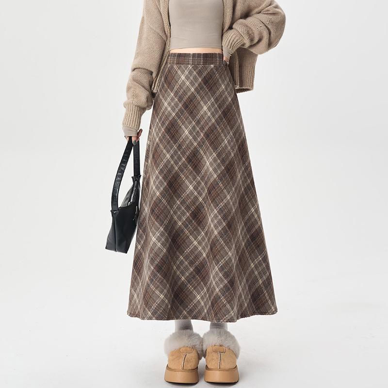 Korean Color-Block Wool Midi A-Line Skirt - Women s High-Waist Autumn/Winter Trend Small кофейный