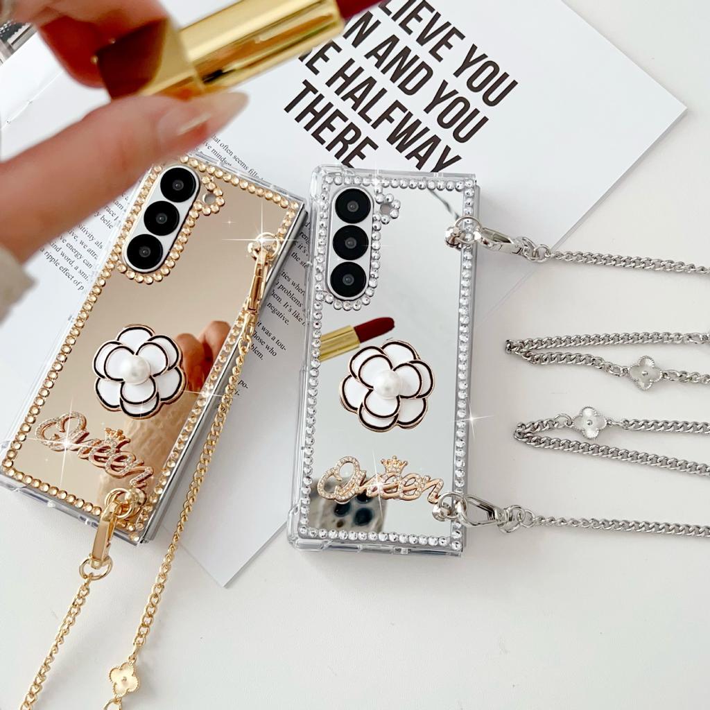 Applicable to Samsung ZFold7 mirror folding mobile phone case zfold5 oblique span chain camellia rhinestone mirror protective case female