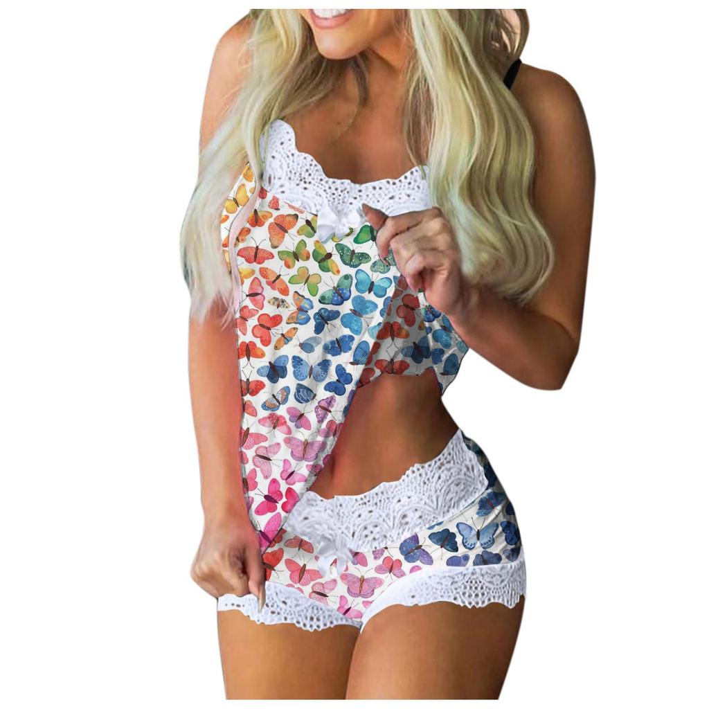Women Print Pajamas Sleeveless Lace Cami Shorts Lingerie Sleepwear Set