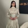 Spring Summer Stand Collar Double Ruffled Printed Waist Cinched Flowy Vacation Dress for Women European American Style Crossbody