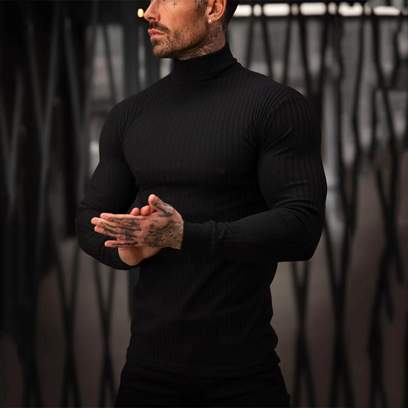 

Muscleguys Autumn Ribbed Knit Roll Neck Jumper Mens Running T-shirts Thin Knitted Sports Sweaters Strip Slim Gym Fitness Pullover T Shirts M чёрный
