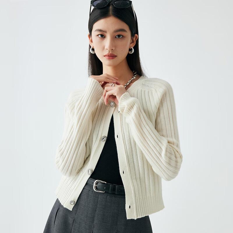 PALUOPO Women's Ribbed Jacquard Round Neck Cashmere Cardigan