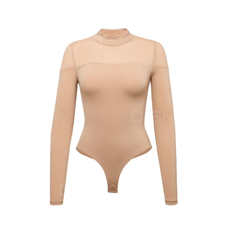 Sexy Mesh Patchwork Slim-Fit Bodysuit with High Neck and Long Sleeves