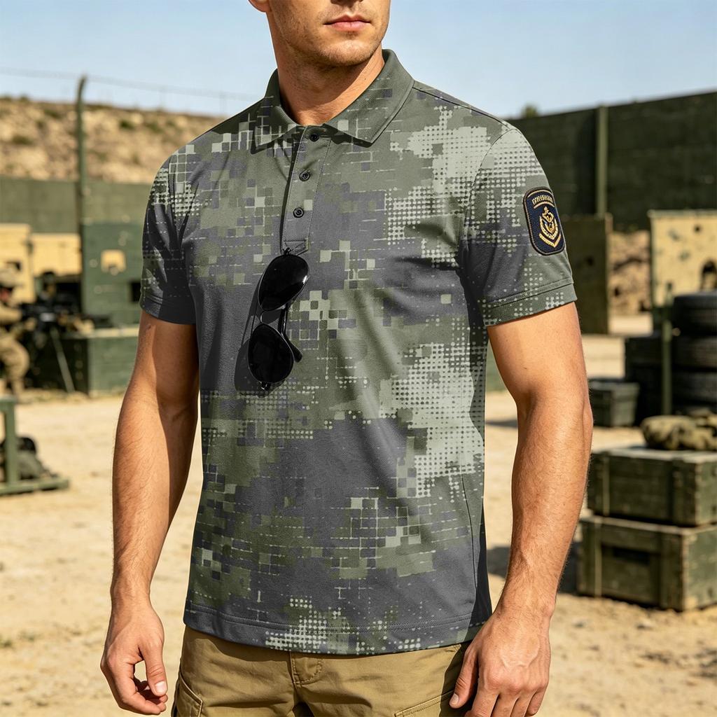 Men Tactical Polo Shirt with Hook and Loop Patch Short Sleeve Digital Print Turn Down Collar Loose Fit Outdoor Quick Dry Top