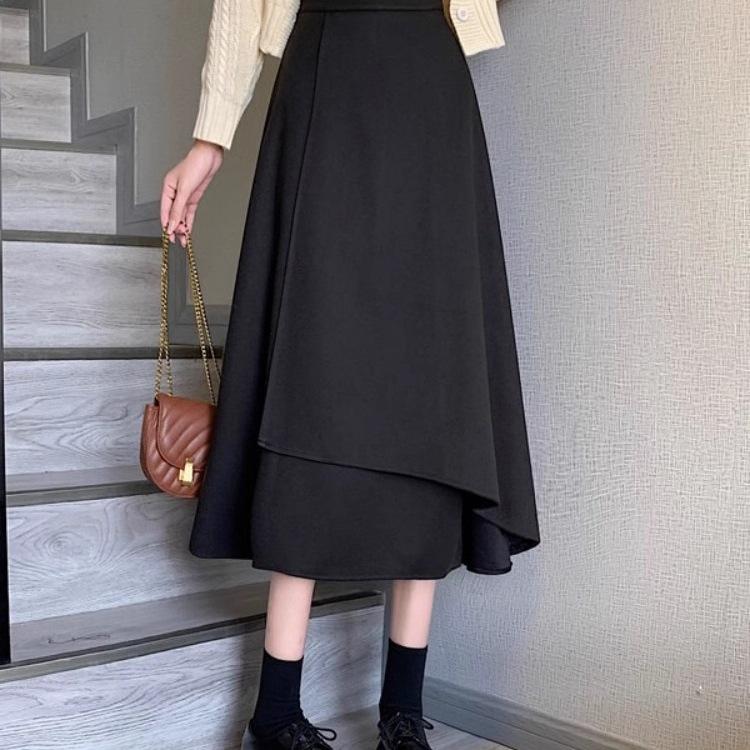 Women's Black A-Line Skirt: High Waist, Irregular Hem, Hip-Covering, Large Swing, Medium to Long Length, Korean Style, Plus Size.