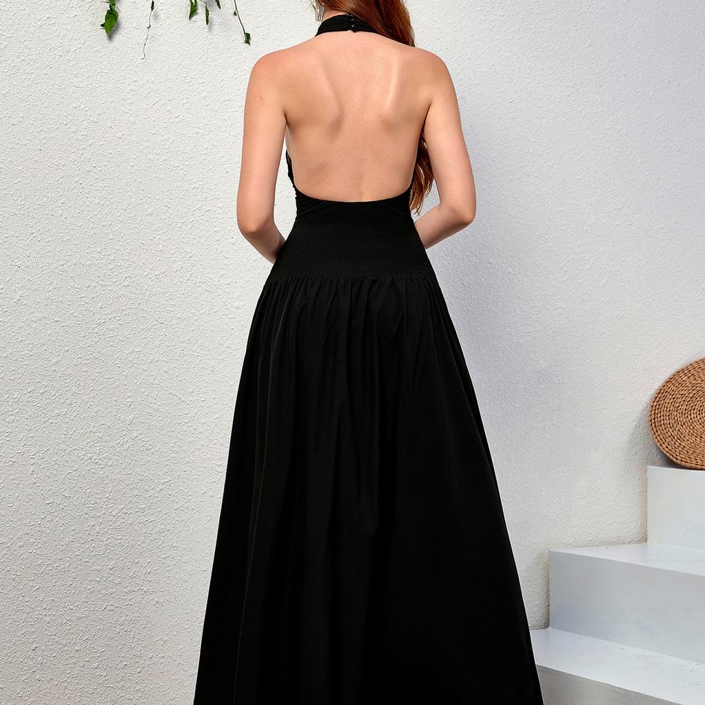 New Temperament Neck Knitted Dress, Sexy Spice Girl Backless Slim A-fold Long Dress Dress