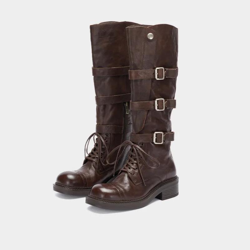 Rindslederversion~ Retro braune Lokomotiv-Gürtelschnalle lange Stiefel Damen dicksohlig dickabsätzig großer Schaft um das Knie Ritterstiefel