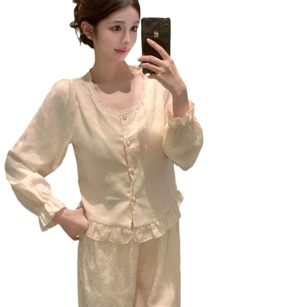 Autumn new jacquard national style pajamas long sleeves trousers retro lace loungewear court sweet high-end pajamas
