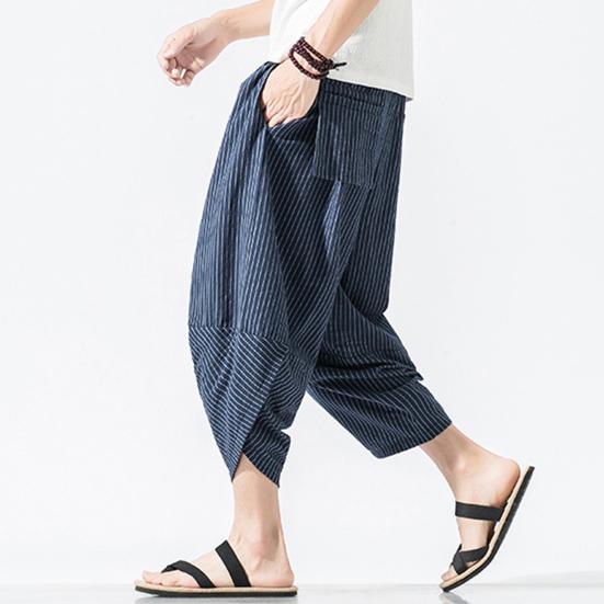 Pánské letní zkrácené kalhoty Elastická šňůrka v pase Mrkvové kalhoty Vertikální pruhovaný potisk Harémové kalhoty Streetwear