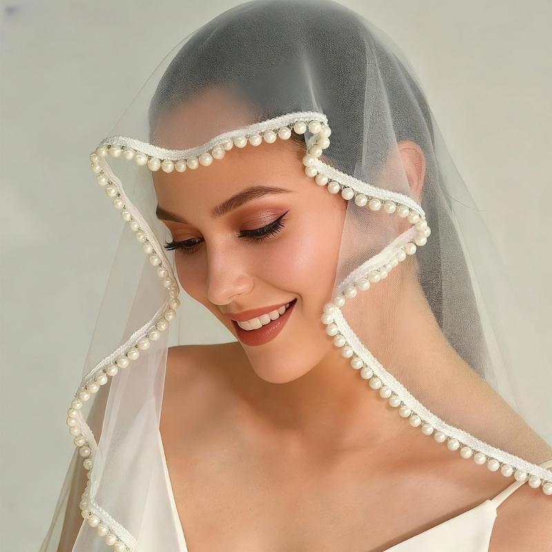 Adjustable Bride Veils With Delicate Pearls Trim Breathable Design For Comfort Wedding Accessory