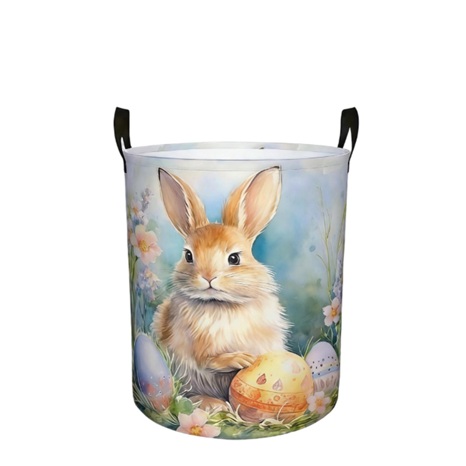 Watercolor Easter Bunny Laundry Hamper Laundry Basket Circular Dirty Clothes Hamper With Handle Collapsibly Washing Bins Storage Basket One Size