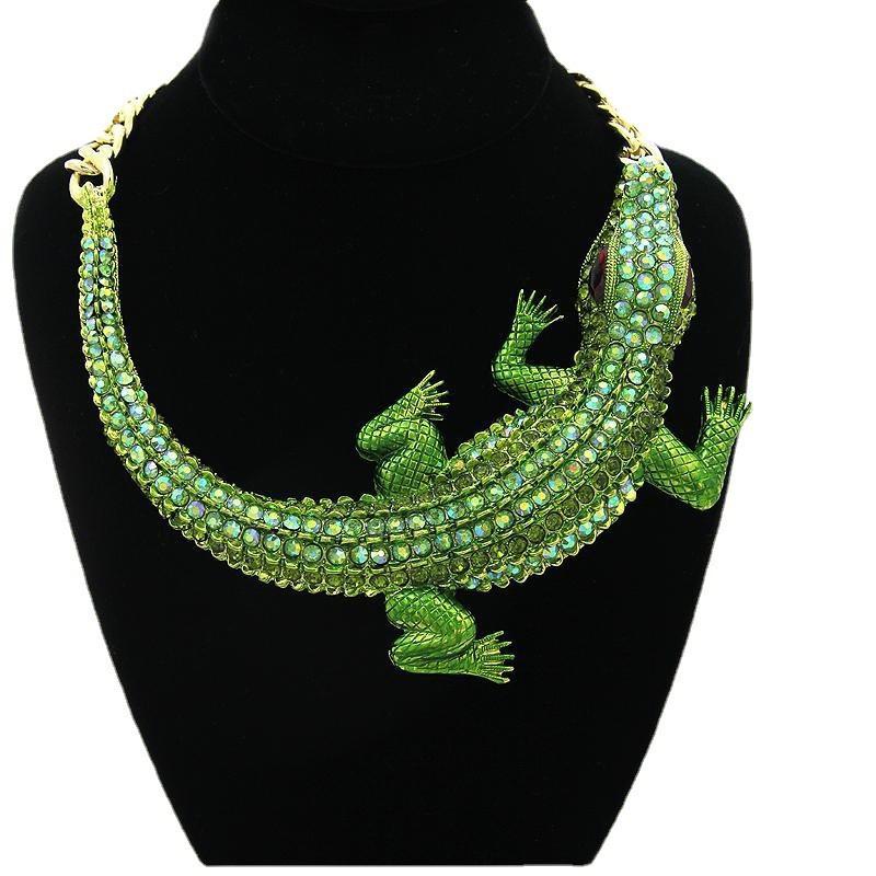 Chunky Crocodile Pendant Necklace Women Rhinestone-Embellished Alloy Chain Hip-Hop Style Statement Collar Choker 5180cm
