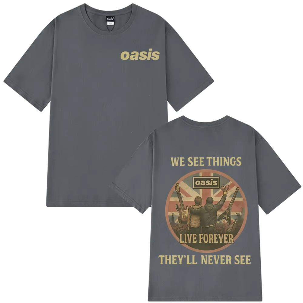 Oasis Live Forever Back Vintage Print T Shirt Men Women Pop Music Hip-hop T-shirts Short-sleeved Casual Loose T-shirts Ins Y2k