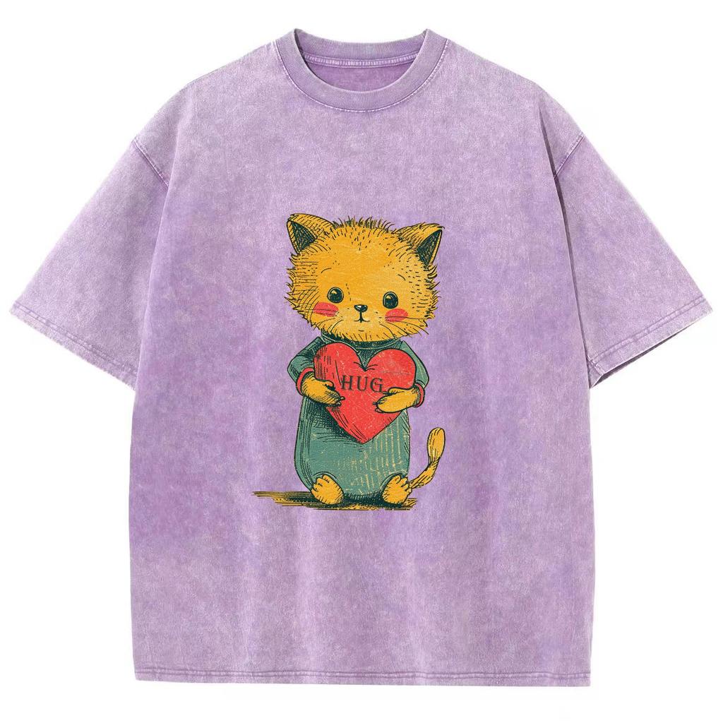 Niedlicher Stil Orange Katze Print Gewaschener Denim Damen T-Shirt Baumwolle Oversized Halbarmliges Mädchenhaftes Basic T-Shirt