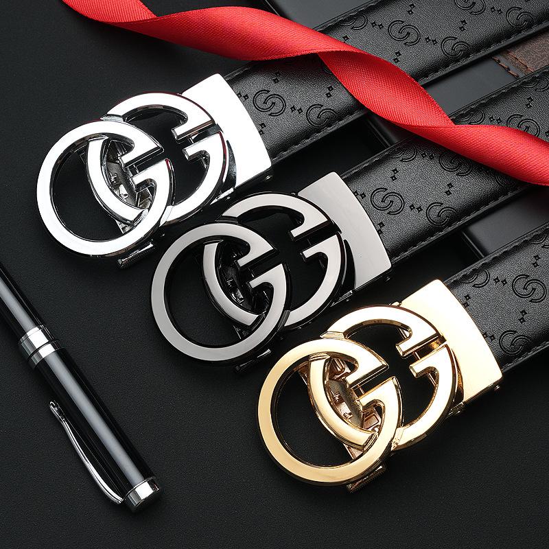 Męski luksusowy dwuwarstwowy pasek ze skóry bydlęcej z automatyczną klamrą i drewnianym pudełkiem prezentowym