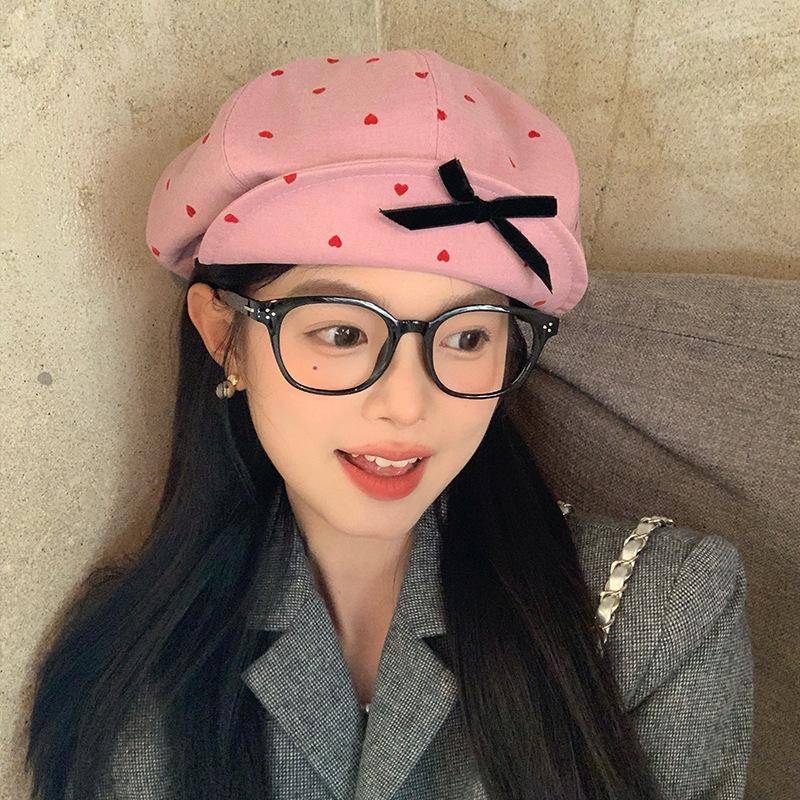 Niedliche Baskenmütze mit Schleife für Damen im Frühling und Herbst Kleine Wolkenmalermütze mit großem Kopfumfang