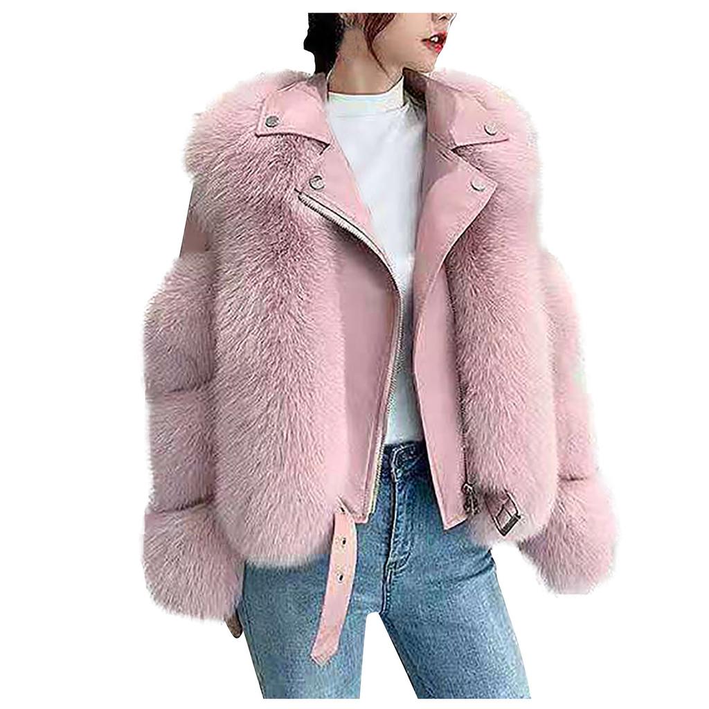Womens Ladies Warm Solid Color Plush Long Sleeve Motorcycle  Winter Short Coat