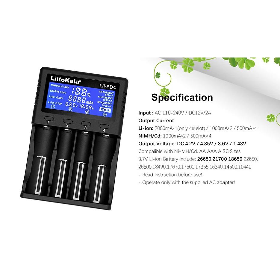 LiitoKala Lii-PD4 AC PD Charger LCD Fast Charging 4-Bay for LiFePO4 3.2V 21700/18650/AA/AAA Multi-Protection Auto-Detect