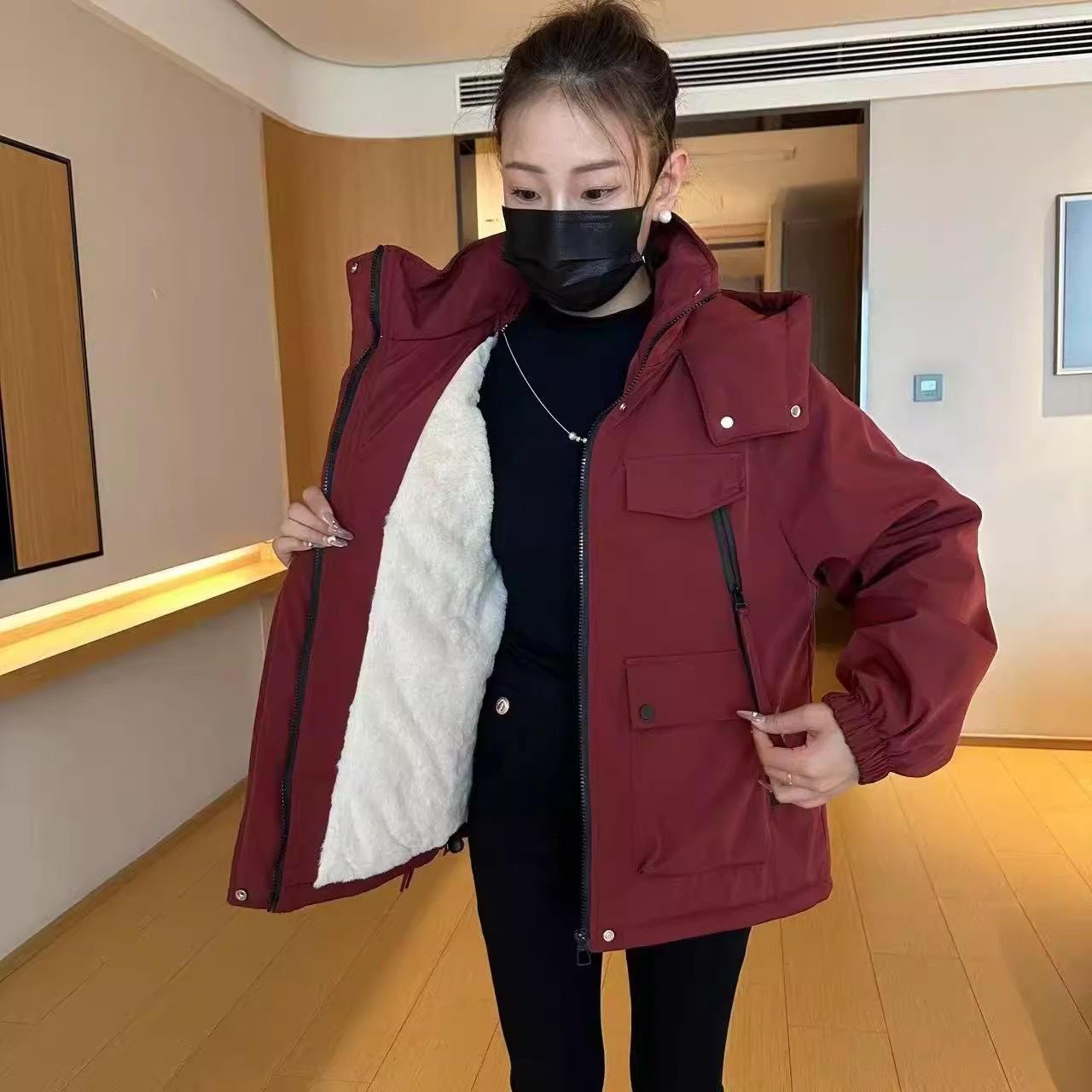 

Hooded short jacket women s 2025 winter new loose and thin casual velvet cotton clothes XL бордовий