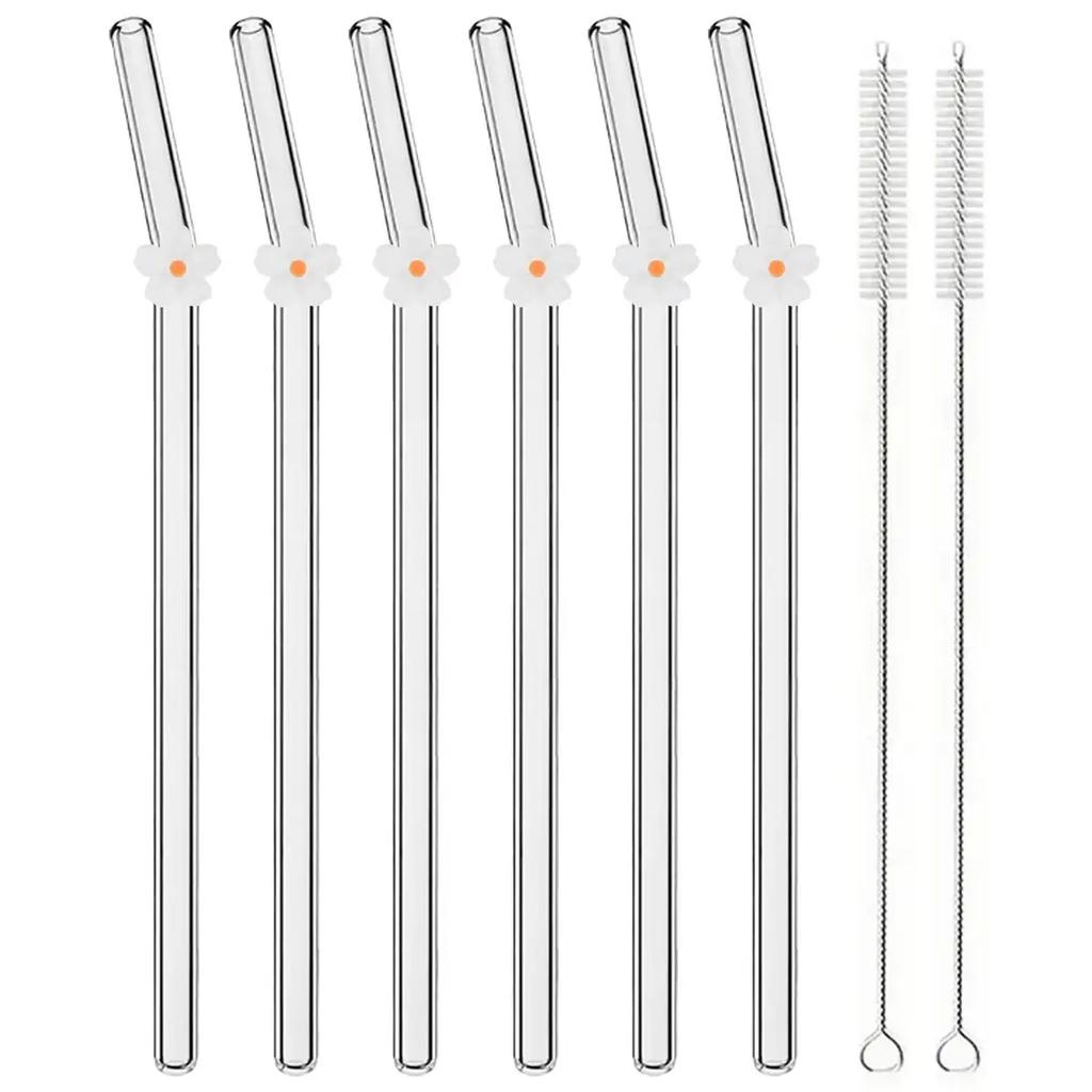 6pcs Flower Drinking Straw Set High Borosilicate Glass Bent Straws Set with Brush Milk Shake Coffee Cocktail Straw Bar Drinkware