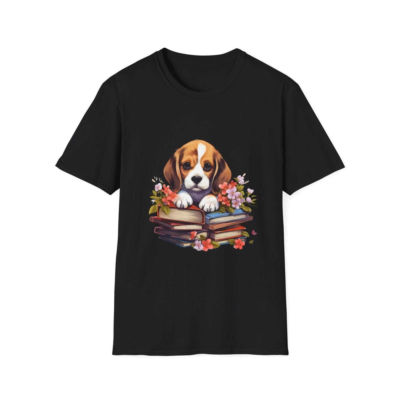 Adorable Puppy Books Unisex T-Shirt, Dog Lover Gift, Cute Pet Tee, Floral Shirt, M