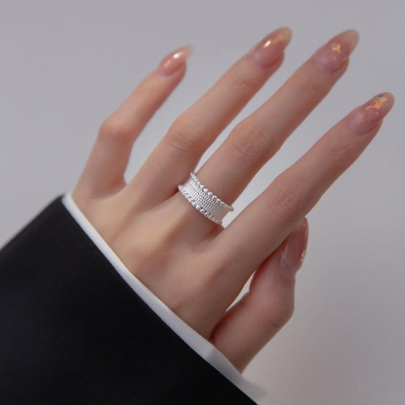 Adjustable Open Ring With Vintage Round Bead Design Sterling Minimalist Geometric Jewelry Women Men