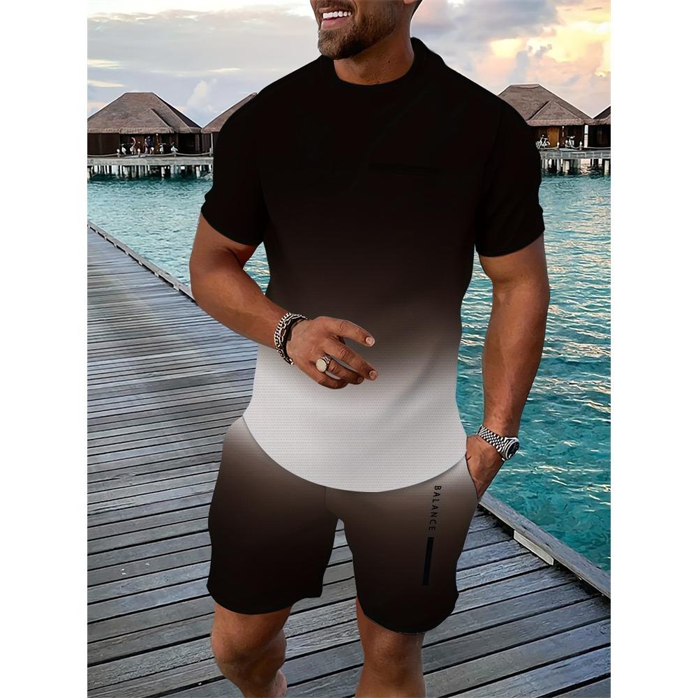 New Men's Hawaiian Two-Piece Set Beach Coconut Tree Print Crew Neck Short Sleeve Shirt Drawstring Shorts Casual Vacation Outfit