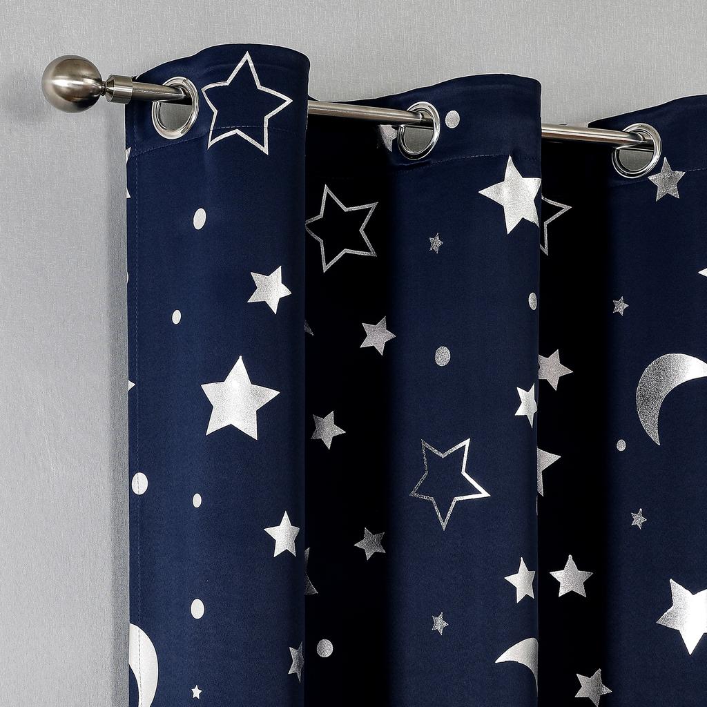 Room Darkening Curtains with Silver Star Moon for Boys Nursery Bedroom Blackout Kids Curtain Grommet Thermal Insulating Drapes