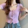 T-shirt for Women in Summer New Sweet Spicy Pure and Slim Design Short Sleeves Front Shoulder Slim Short Knitted Top