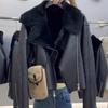 Short Motorcycle Suit Black Fur Integrated Lamb Wool Imitation Fur Jacket Women's Autumn and Winter Leather Jacket Lapel Jacket