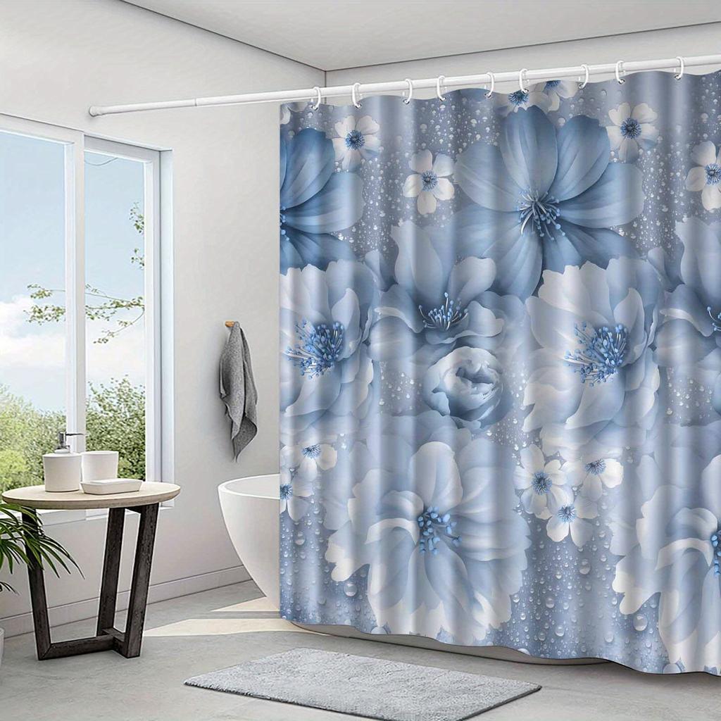 1pc blue floral shower curtain, polyester fabric, machine washable, with hooks, suitable for bathroom decoration