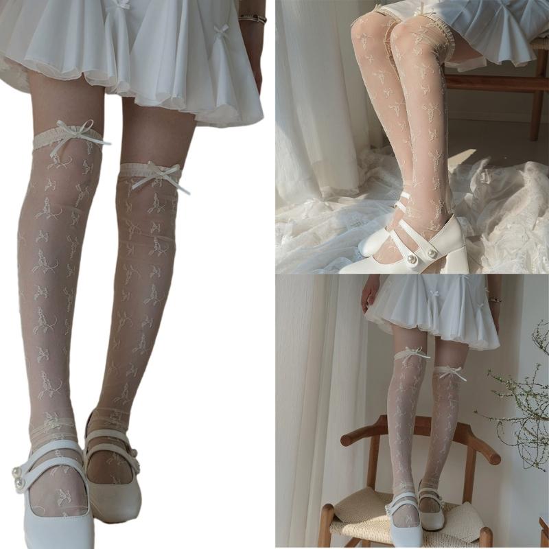 Womens Sheer Silk Stockings Ruffle Lace Thigh High Stockings Nylon Long Socks Thin Over the Knee Socks Hosiery Gifts