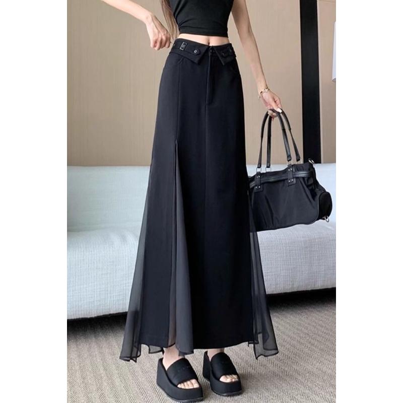 Women's Thin Designed Cuffed High Waist Fashionable Versatile A-Line Mesh Splicing Suit Skirt