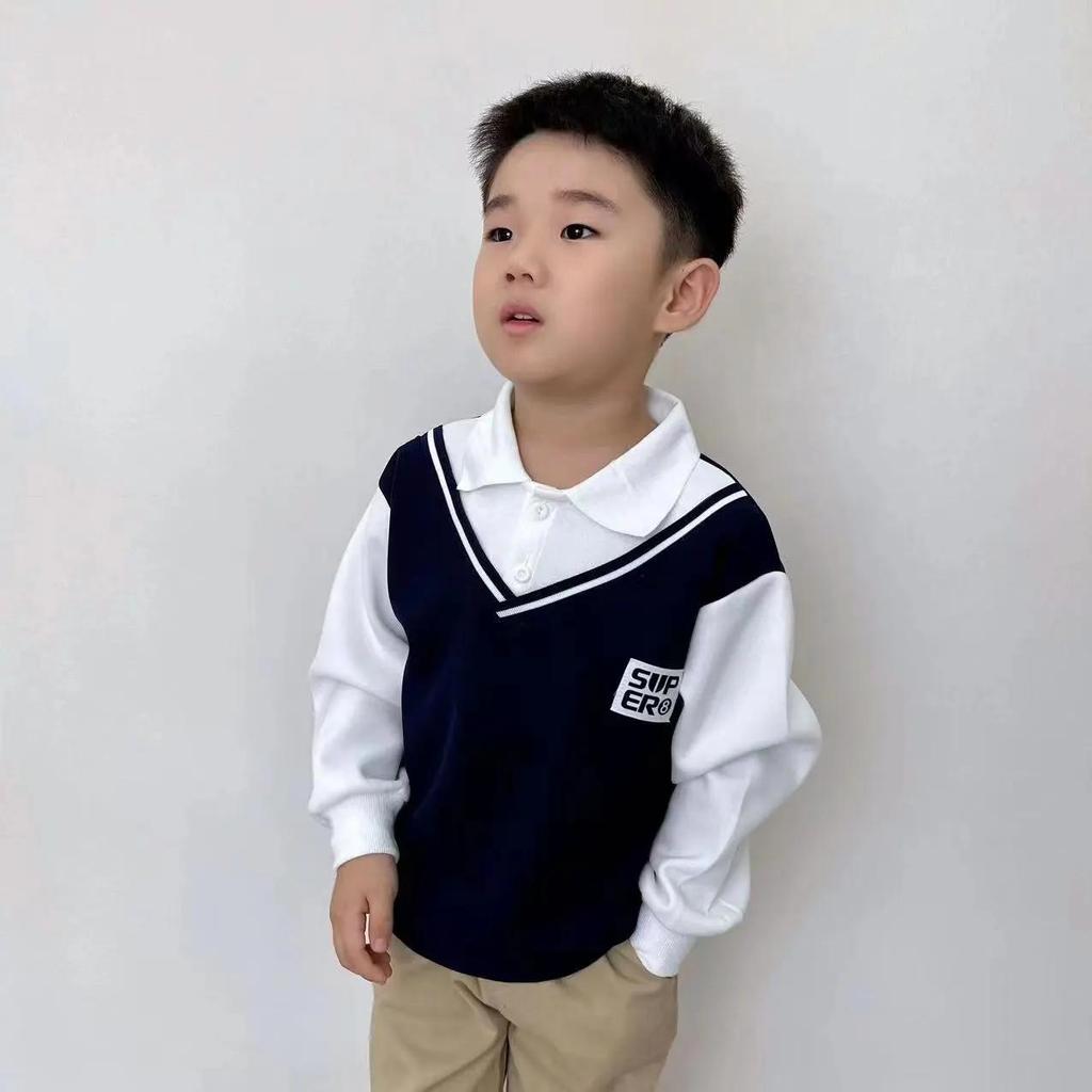 Spring and Autumn Boys' Sweaters, Children's POLO Shirts, Baby Fake Two-piece Clothes
