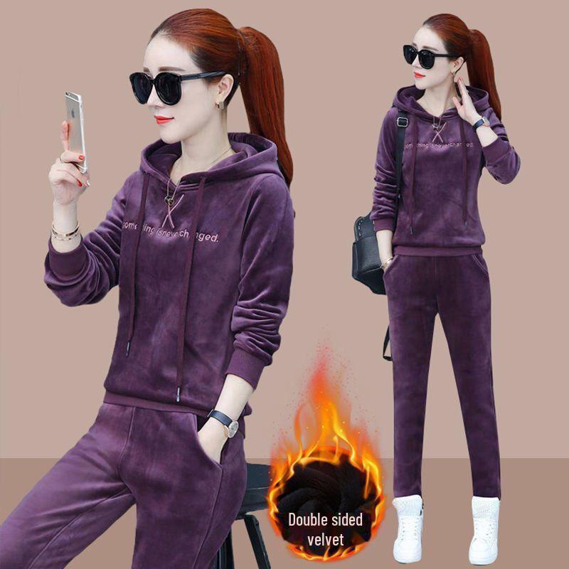 

Женский спортивный костюм-толстовка с капюшоном из мягкого золотистого бархата - повседневный комплект из двух предметов на осень/зиму 2023 г. 3XL