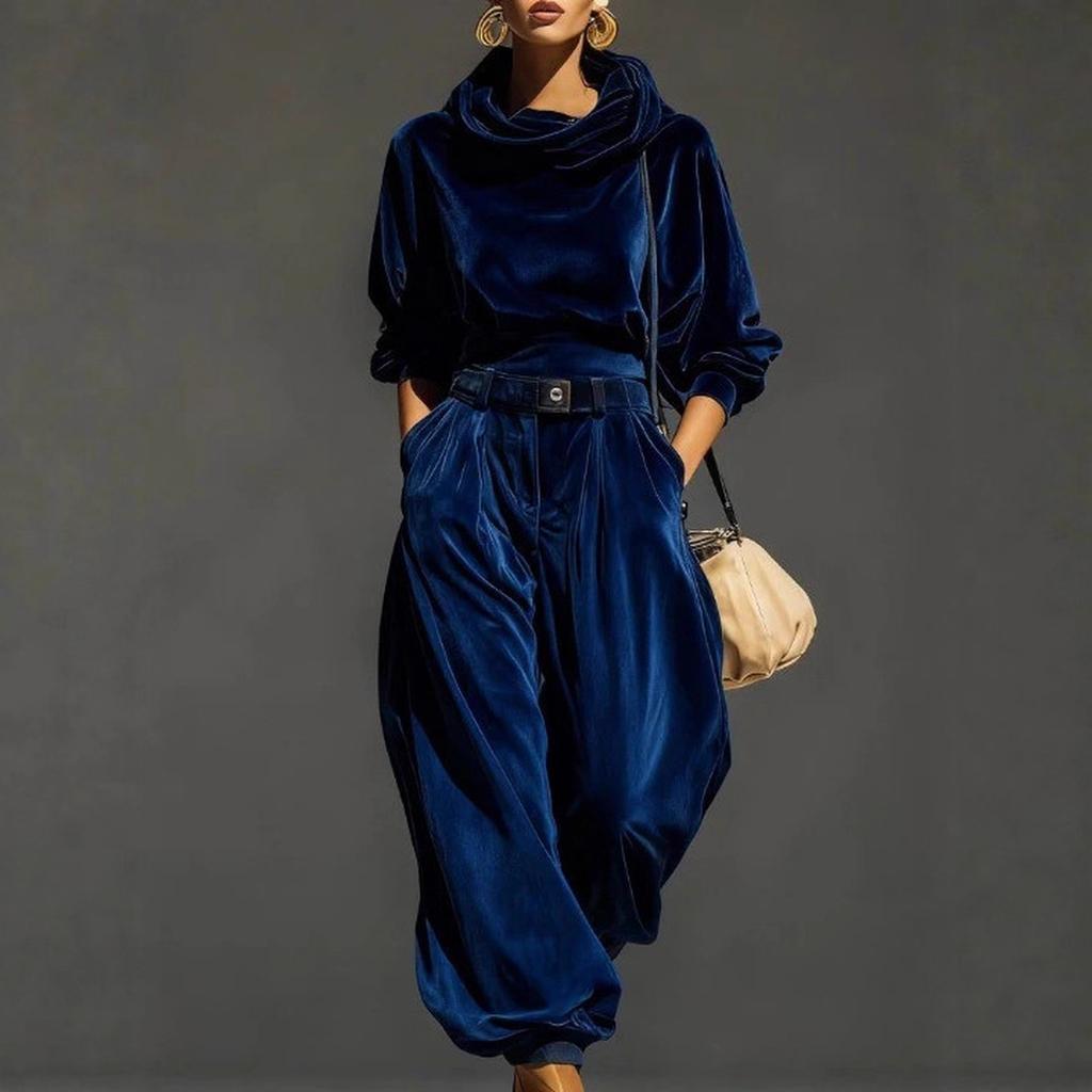 Women's Fashion Color Long Sleeve Casual Tapered Pants Two,Piece Set