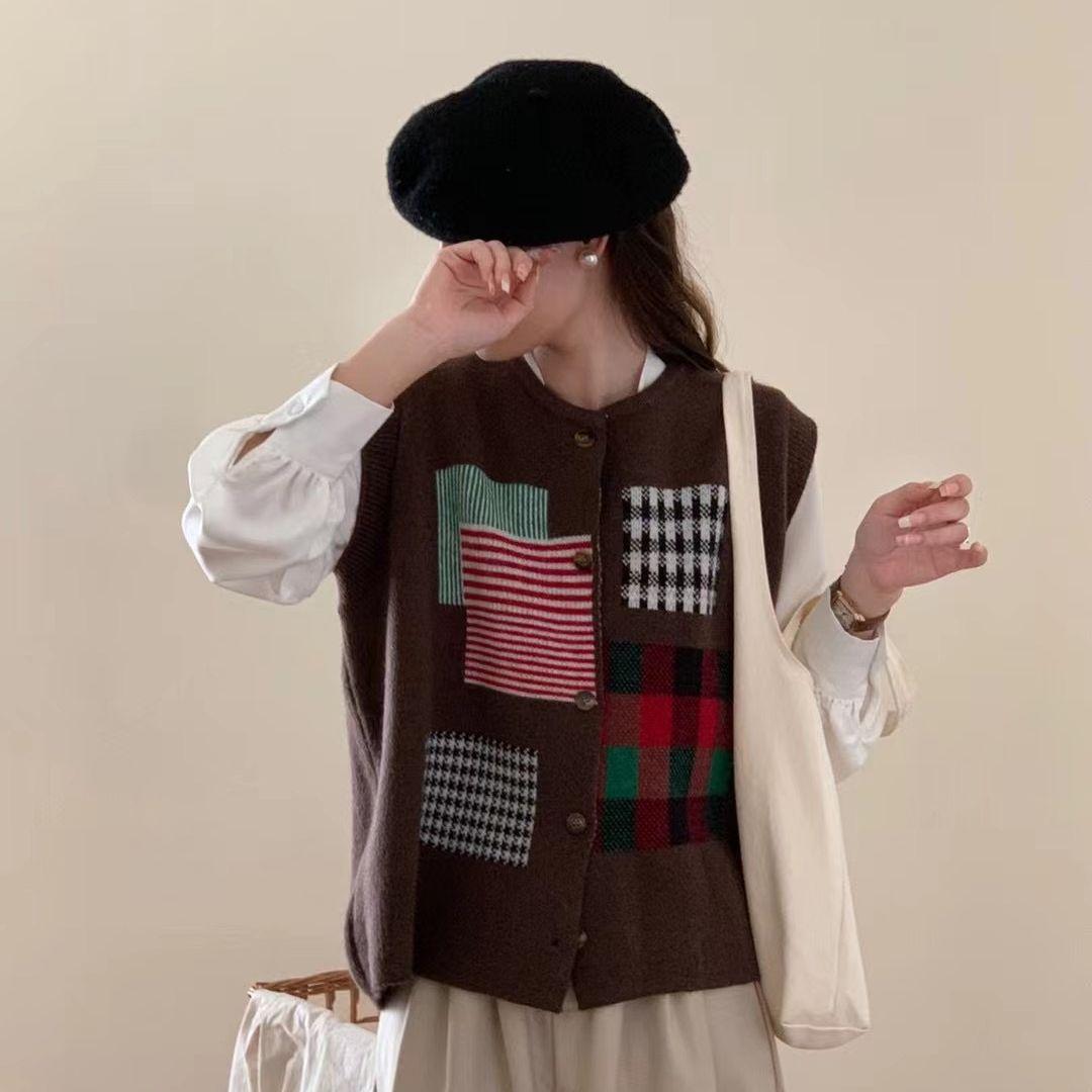 

Осень и зима Плюс Размер Женский клетчатый безрукавный жилет с цветными блоками свитера вязание оверсайз повседневный стиль свободный свитер One Size кофейный