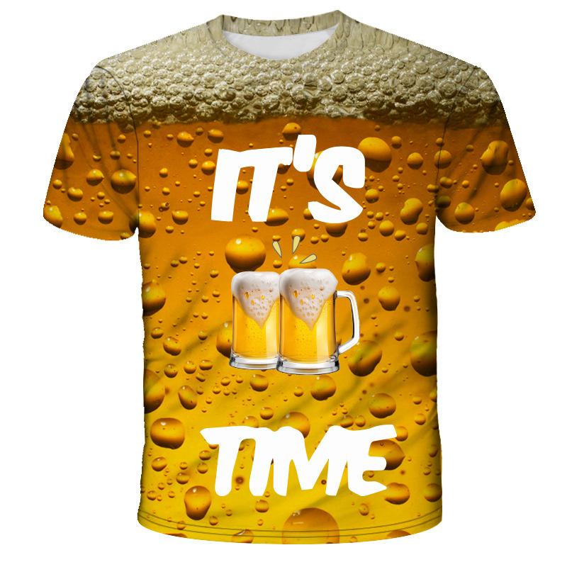Men's Casual Beer Bubble Series 3D Printed Summer Comfortable Plus Size T-shirt- Soft Medium Stretch Polyester Fabric Summer Mens Relaxed Fit Clothing