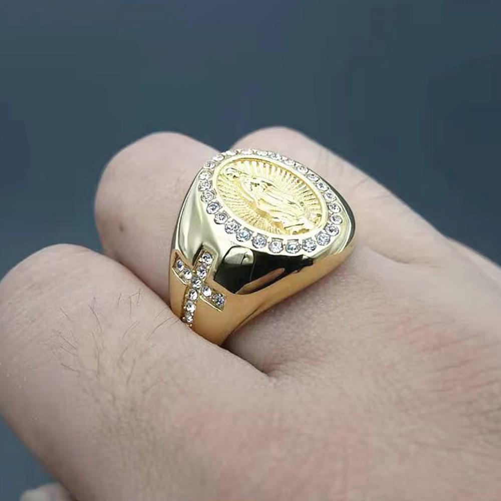 Anello da Uomo Color Oro Zirconia Cubica Nostra Signora di Guadalupe Vergine Maria Anello Religioso