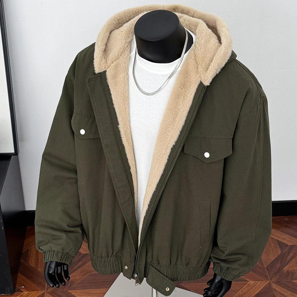 Men's Trendy Thickened Lambswool Hooded Cotton Jacket for Autumn/Winter