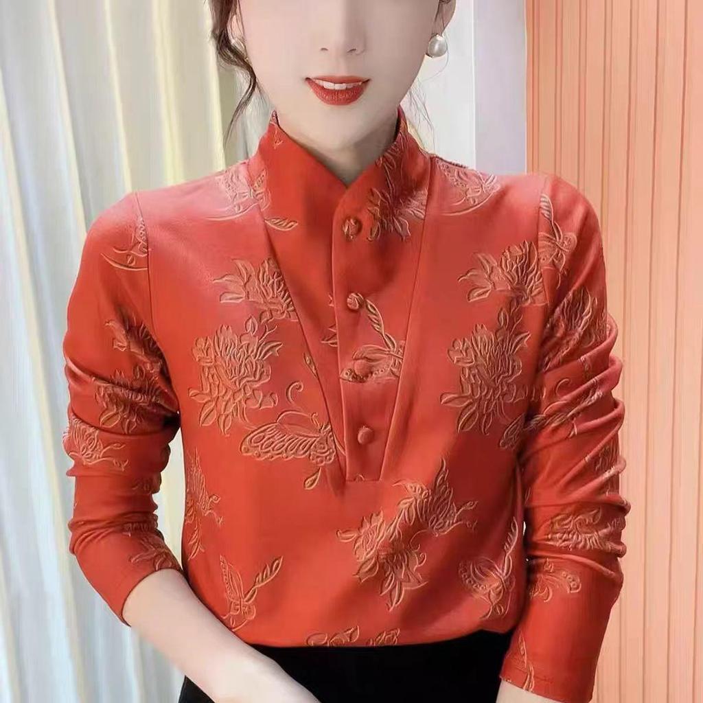 2024 Korean Style Stand-up Collar Fleece Slimming Blouse for Winter Moms