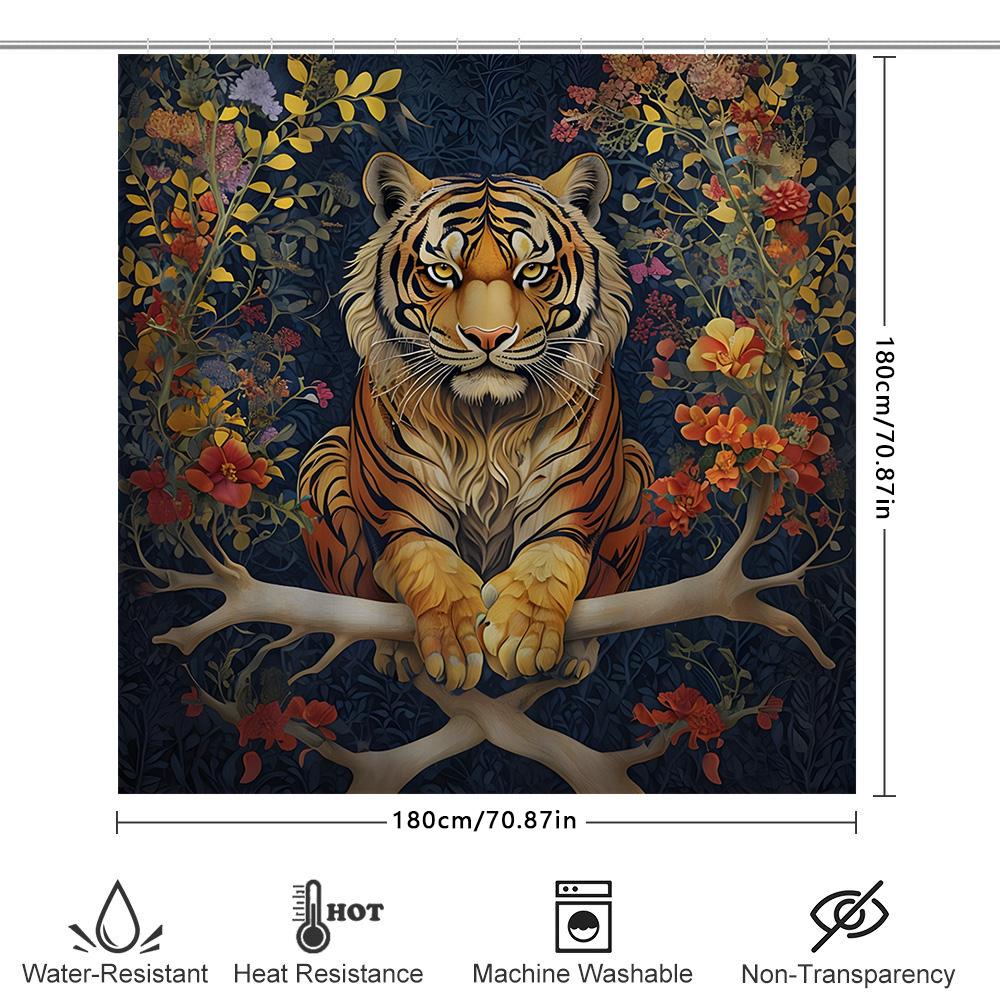 Gold Tiger Shower Curtain: Floral Print Bathroom Decor For Home Decoration Modern Style Animal Motif Window Covering Waterproof