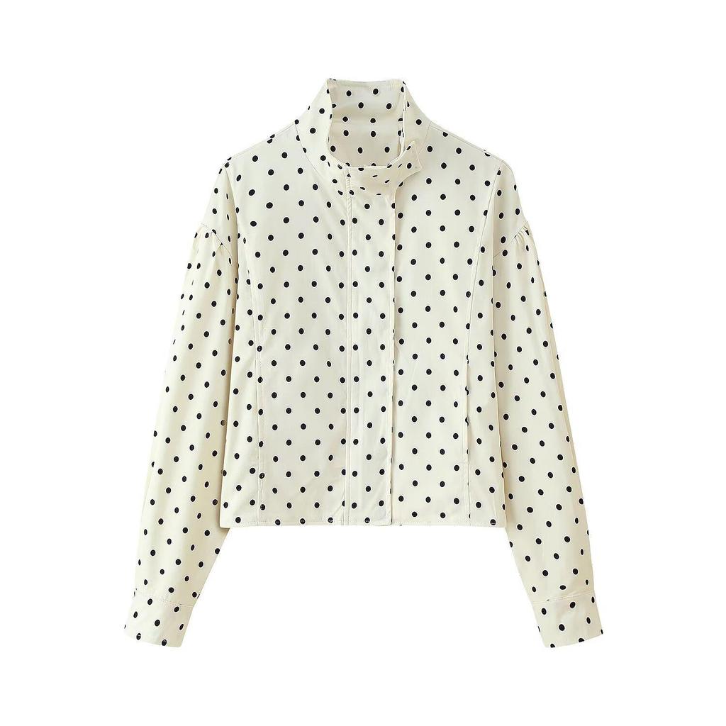 European & American Women's Polka Dot Print Stand Collar Long Sleeve Workwear Jacket