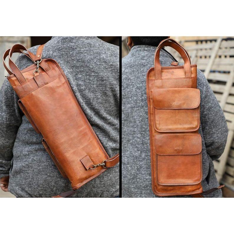 Leather Drumstick Bag Floor Tom Hooks | Holds 10-12 Drumsticks Mallets Brushes | Percussion Stick Bag with Strap & Handles