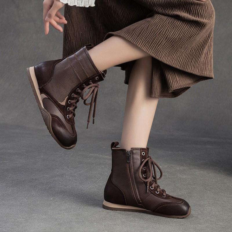 Johnature Plush Warm Retro Short Boots Genuine Leather Flat Cotton Shoes Commuter Women's Shoes