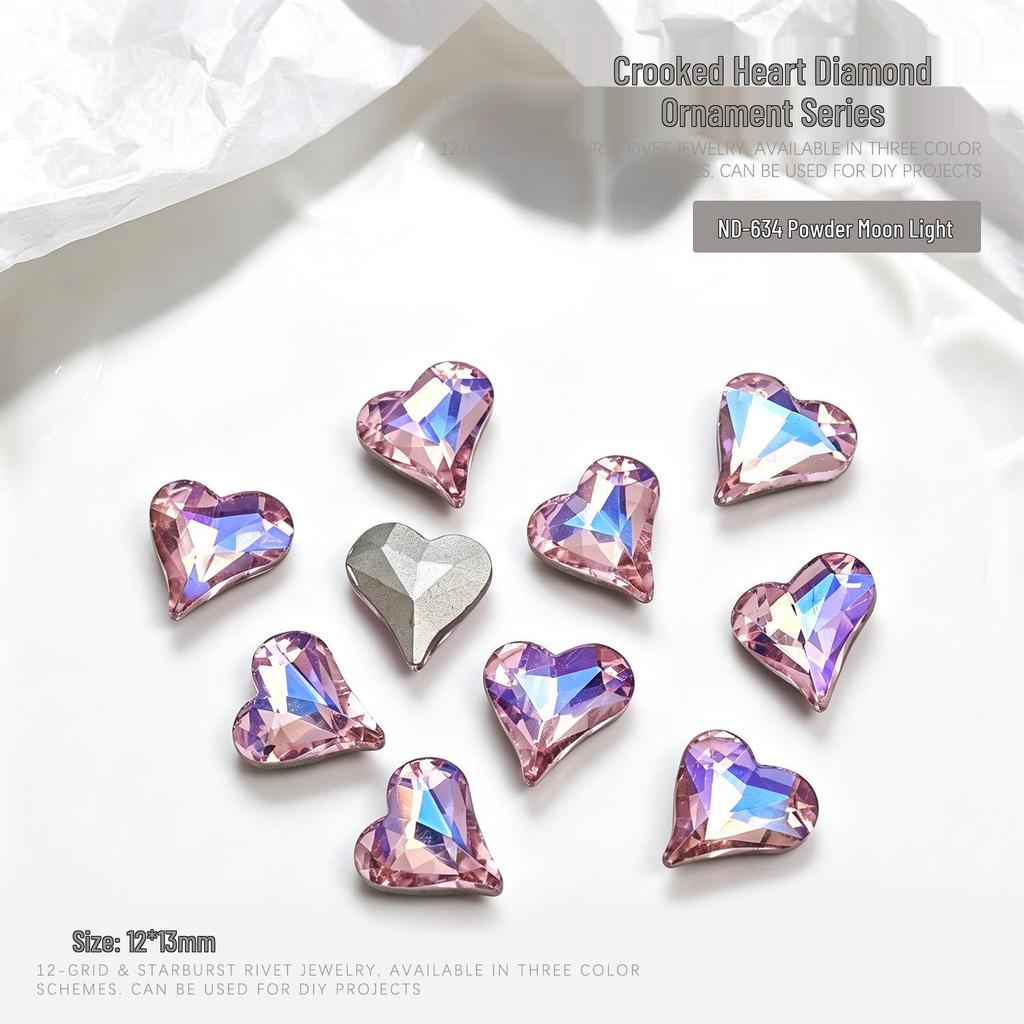 "10-Piece Heart-Shaped Nail Art Accessories with Pointed Bottom Transparent and Colorful Diamonds"