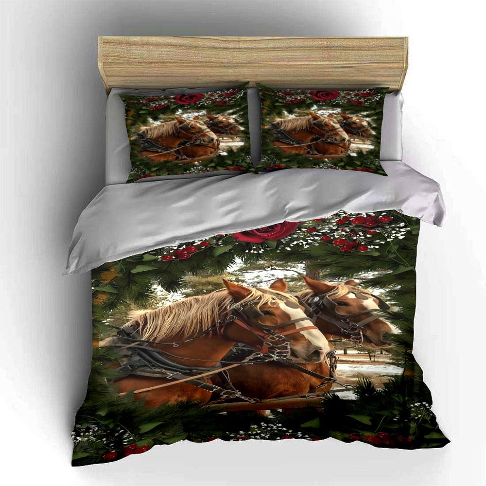 Horses, pine branches, berries. Bedding sets Duvet cover sets Duvet covers Pillowcases(1 * Duvet Cover 2 * Pillowcases without duvet insert)