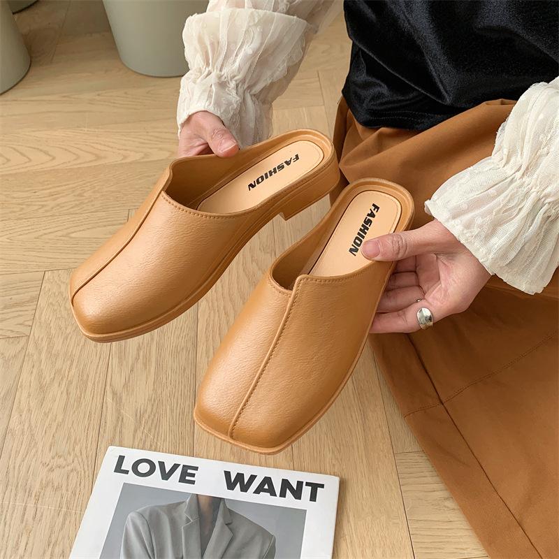 Heli Shark's New Summer Baotou Cool Slippers Wear Fashionable Solid Color Daily Casual Low-heeled Outdoor Half Slippers Women