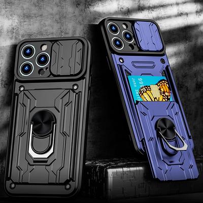 Multifunktions-Kartenhalter Schieb-Kamera Hülle Für iPhone 13 12 11 Pro Max X XR XS Max 6 8 7 Plus 13pro 12pro Stoßfester Bumper Rüstungsring Ständer Abdeckung