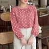 Women Elegant Polka Dot Print Casual Round Neck Long Sleeve Blouse